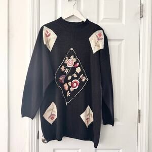 Chrysantheme Woman Black High Neck Knit Sweater Diamond Floral Embroidery READ